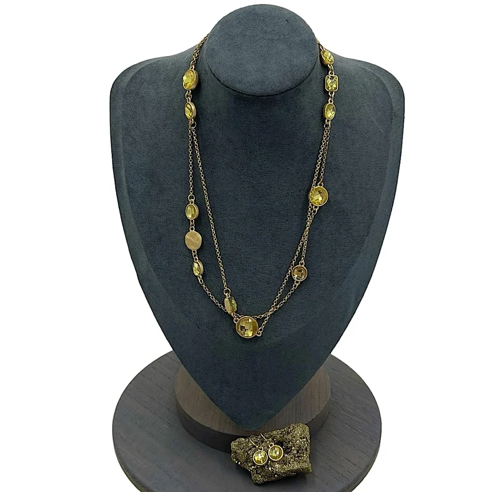 Gold Tone Long Chain‎ Necklace With Yellow Coins & Crystals & Drop Earrings Set
